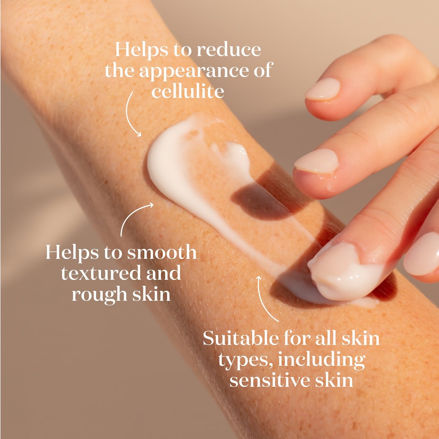 ManukaRx Firming Body Lotion being applied to skin with product benefits listed