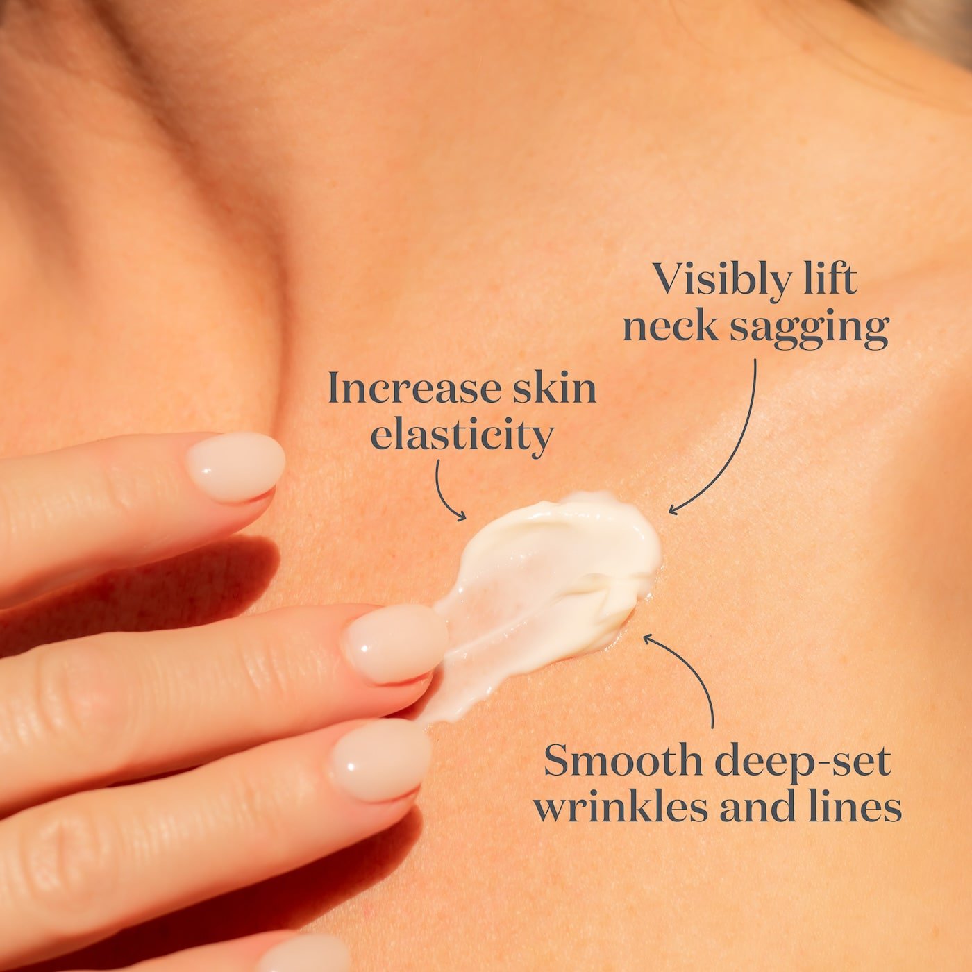 Swatch of ManukaRx Firming Neck Cream on chest area with product benefits listed around the swatch
