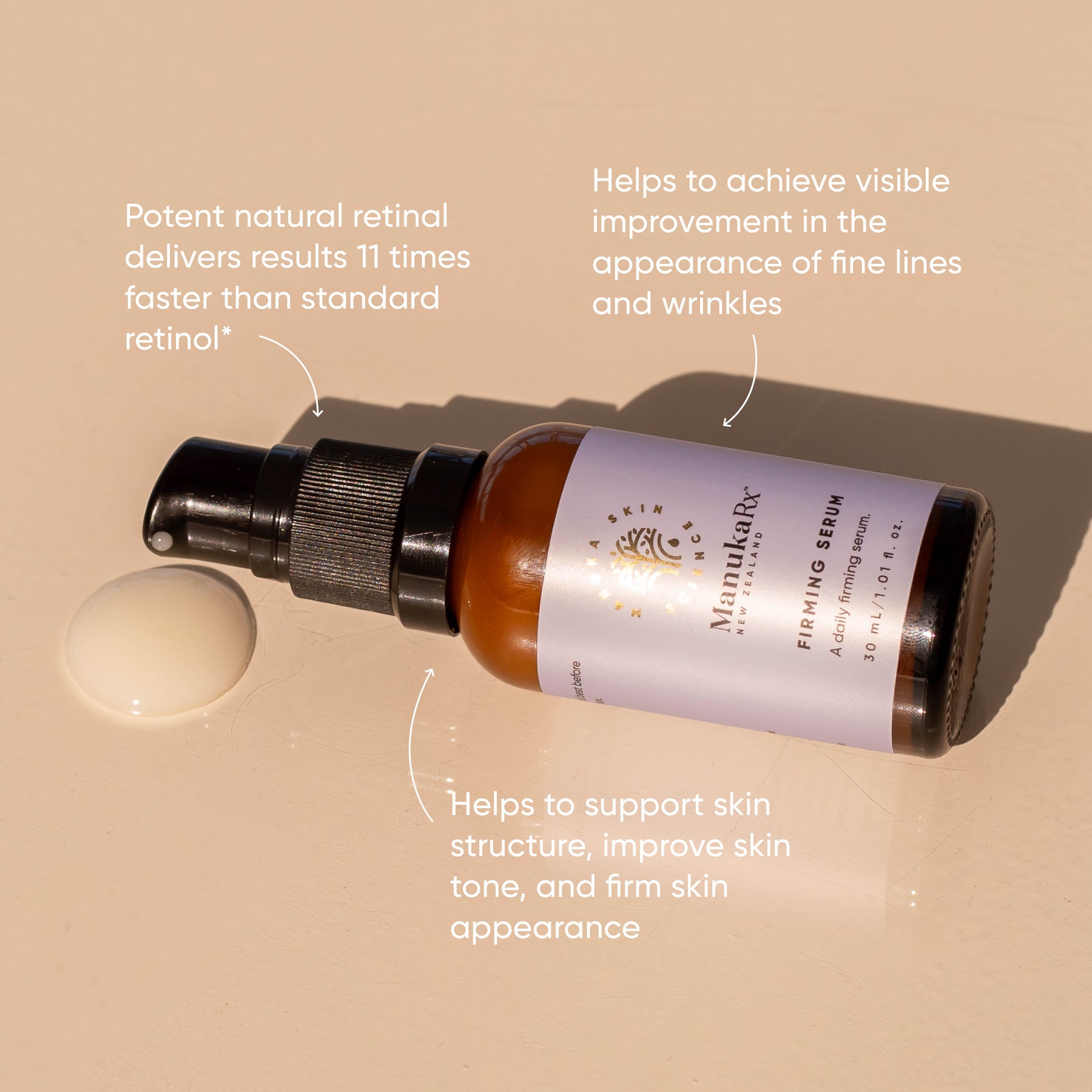 Bottle of ManukaRx Firming Serum with product pumped out beside it surrounded by product benefits listed around the bottle