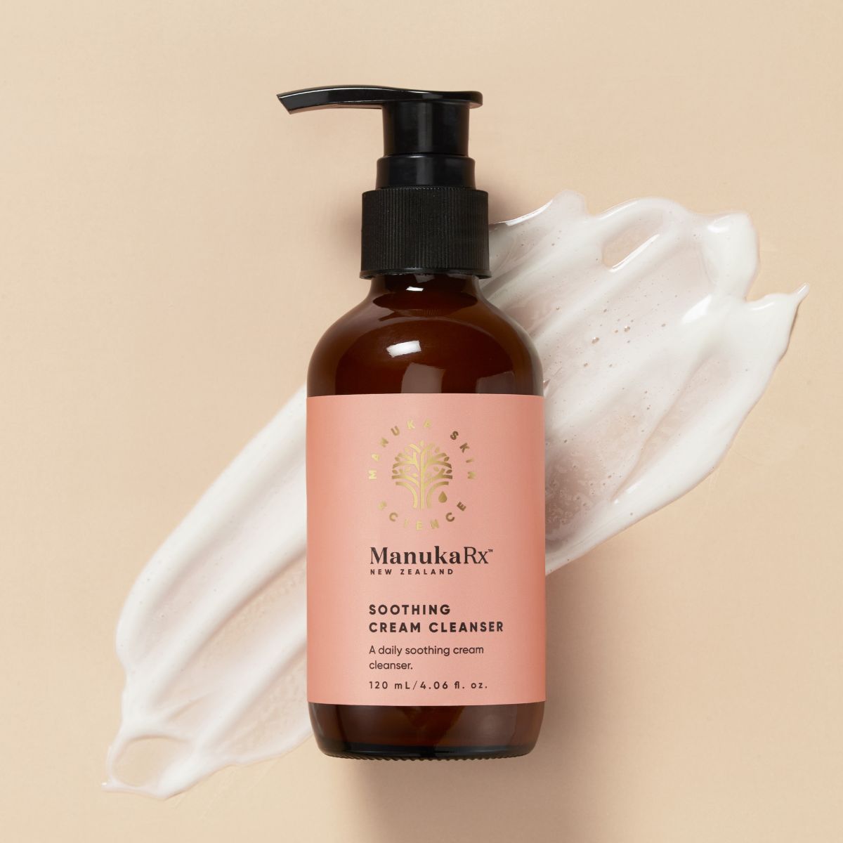 ManukaRx Soothing Cream Cleanser bottle and swatch