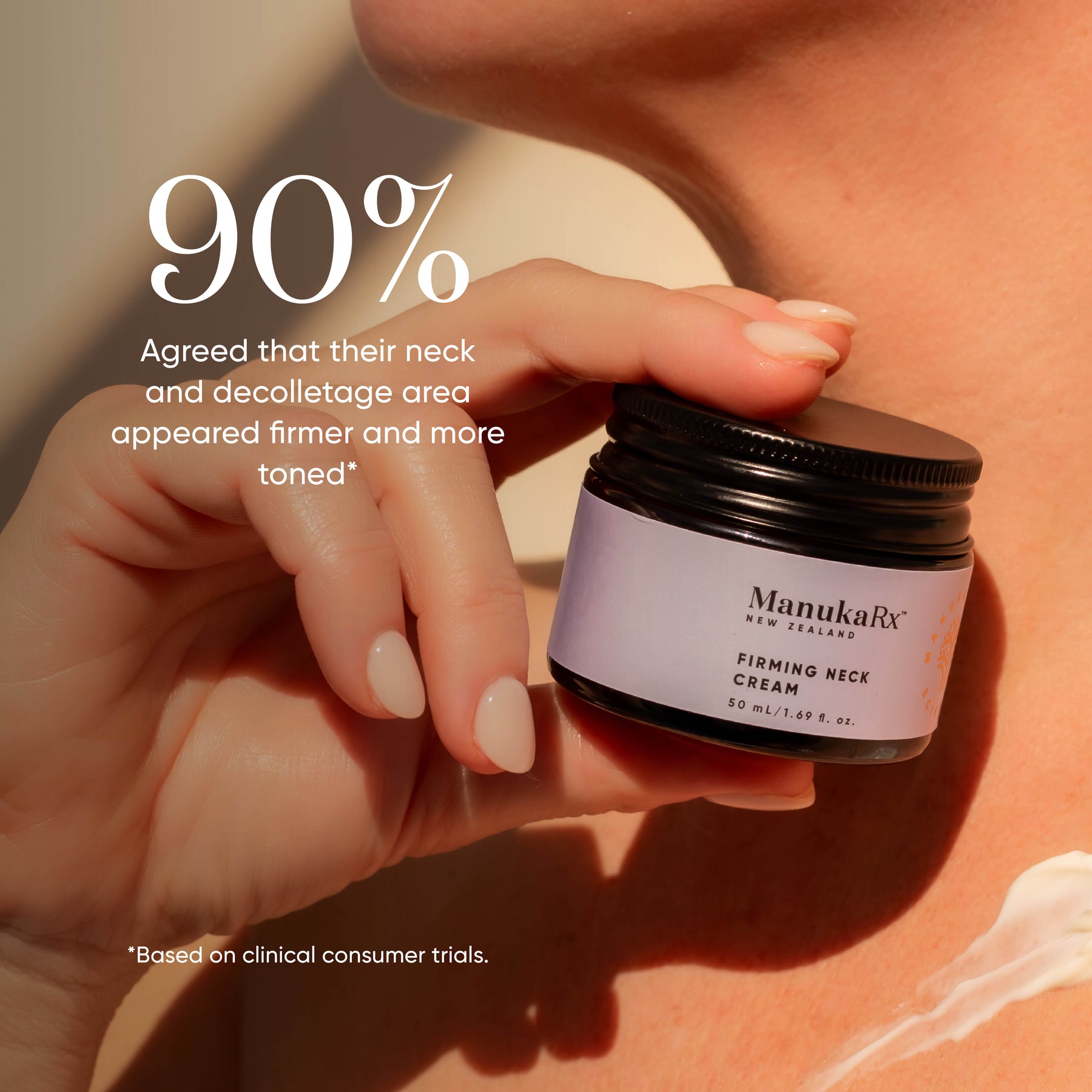 Consumer trial data listed on an image of woman holding a jar of ManukaRx Firming Neck Cream