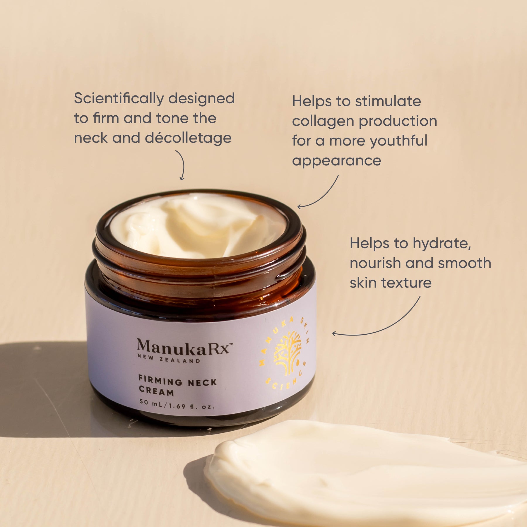 Jar of opened ManukaRx Firming Neck Cream with product benefits listed around the jar