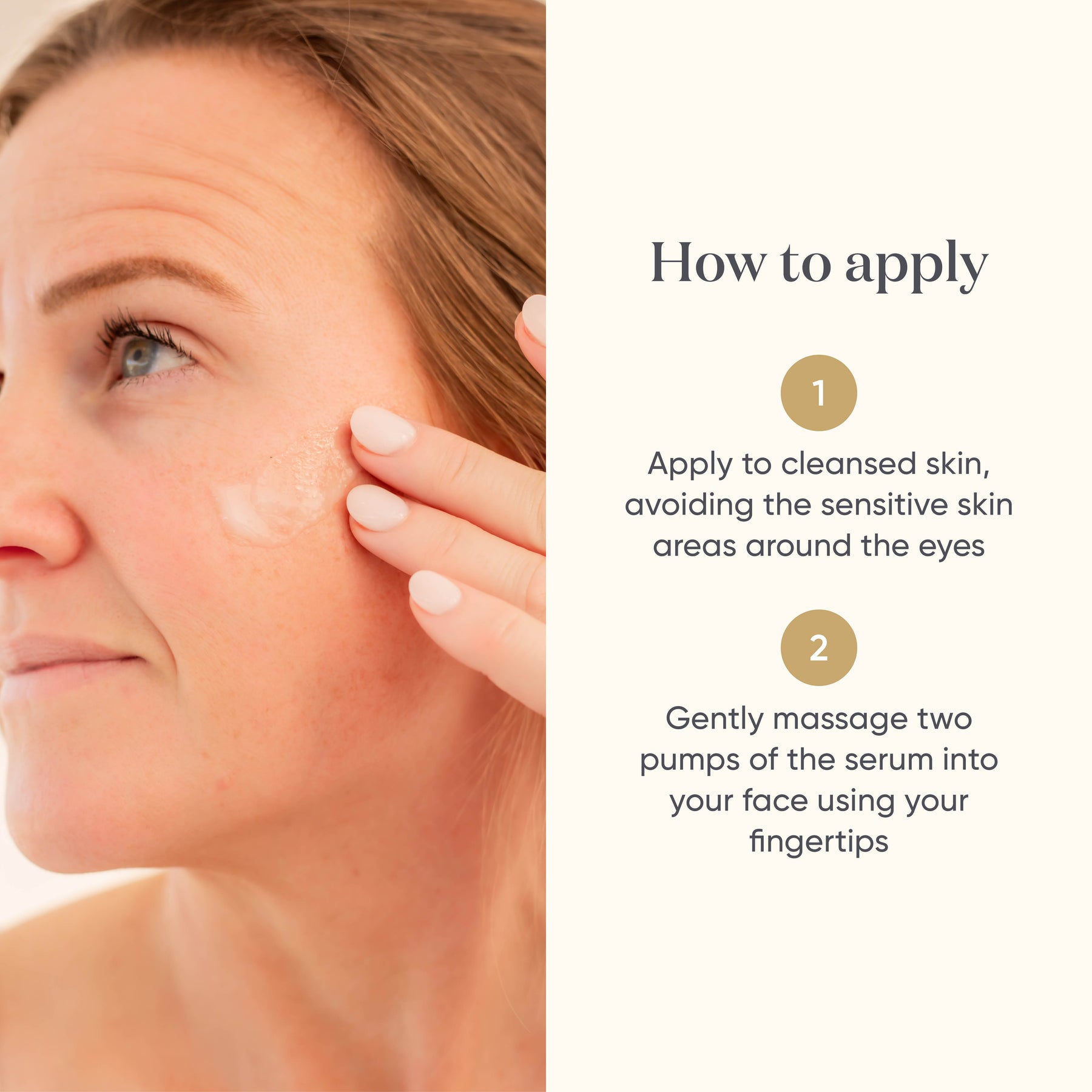 How to apply ManukaRx Firming Serum instructions next to an image of a woman applying the serum to her face