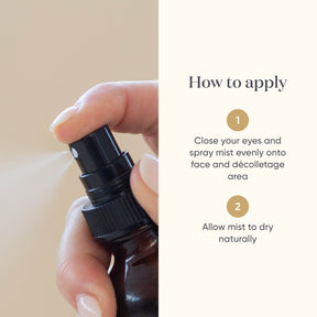 How to apply instructions for ManukaRx Hydrating Mist Toner next to an image of the toner being sprayed